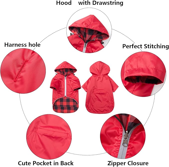 Dog Raincoat Dogs Waterproof Reversible rain Jacket Dog Small Medium Breeds Reflective Zipper Storage Pocket Harness Hole - Red - S