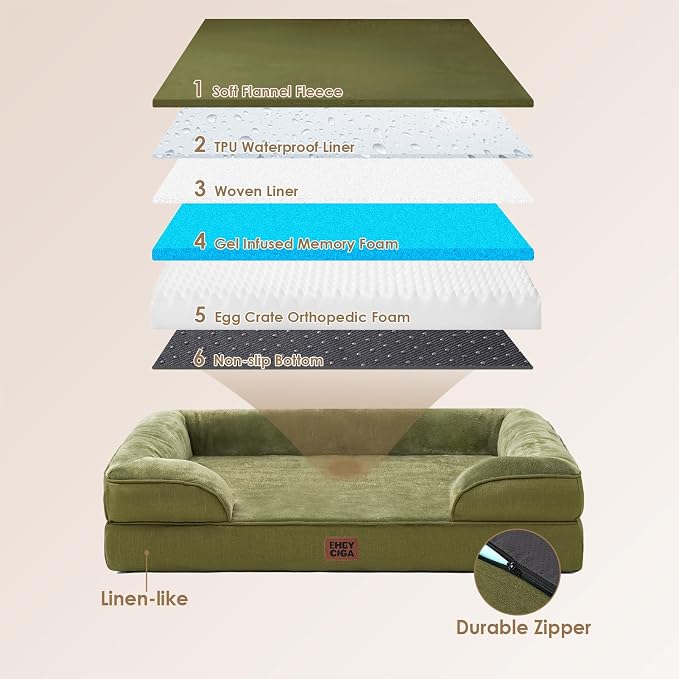 EHEYCIGA Orthopedic Dog Beds Large Sized Dog, Waterproof Washable Pet Bed | Non-Slip Bottom and Egg-Crate Memory Foam Dog Couch Bed with Washable Removable Cover, Olive Green