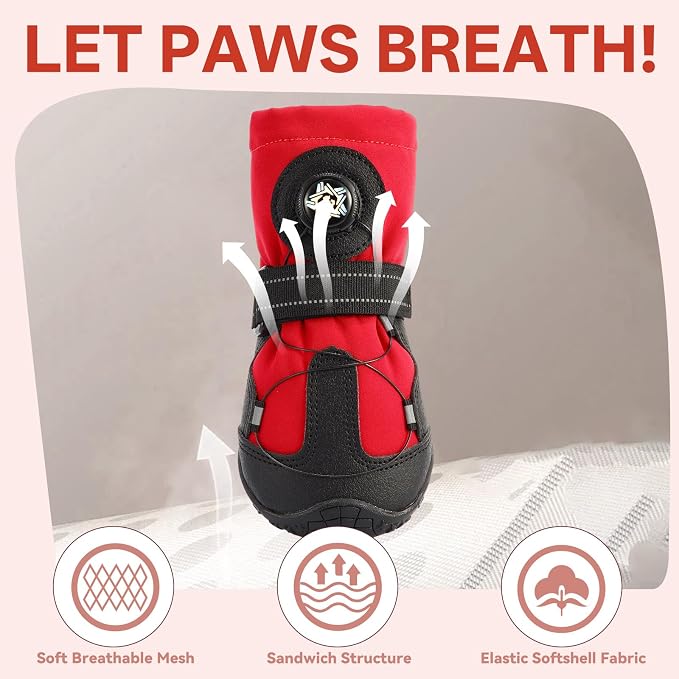 Dog Booties with Micro-Adjustable Dial, Waterproof Dog Shoes for Large Medium Small Dogs, Rugged Non-Slip Rubber Paw Protectors for Hot Pavement and Snow, Hiking 4PCS (RED, Size 6)