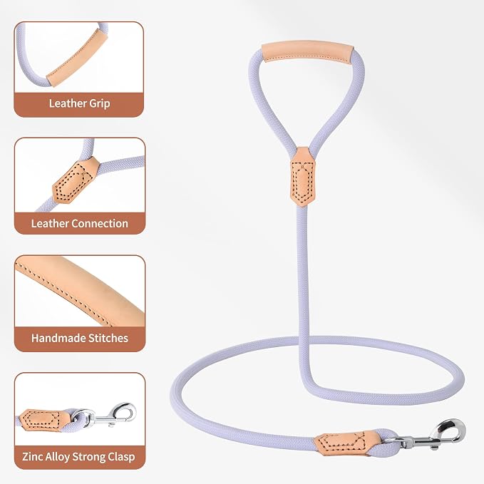Mile High Life Dog Leash with Genuine Leather Handle, 6 FT/5 FT/4 FT | Leather Grip Rope Leash, Heavy Duty 360° Swivel Metal Clasp, for Small Medium & Large Dogs