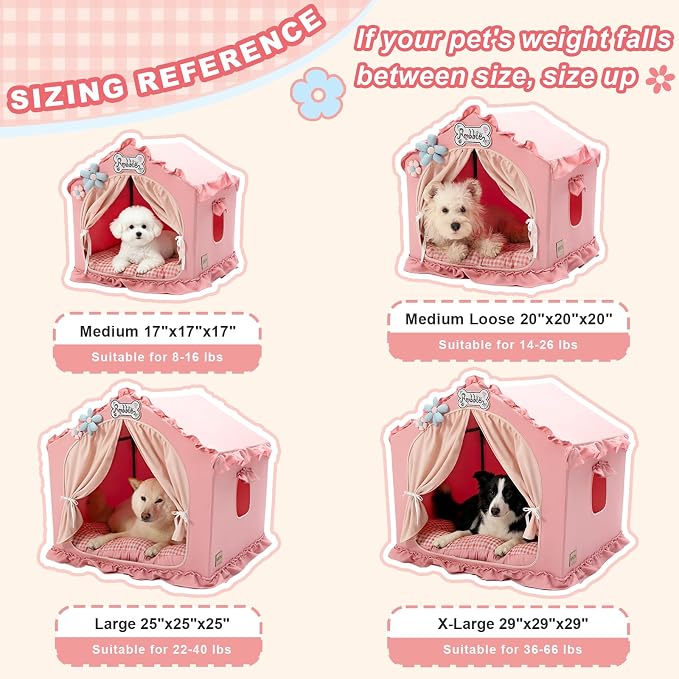 Indoor Dog House with Frame, Cute Dog Tent Bed with Cover Cave | Breathable, Washable, and Foldable House, Suitable for 36-66 Lb, Large (29"×29"×29"), Pink