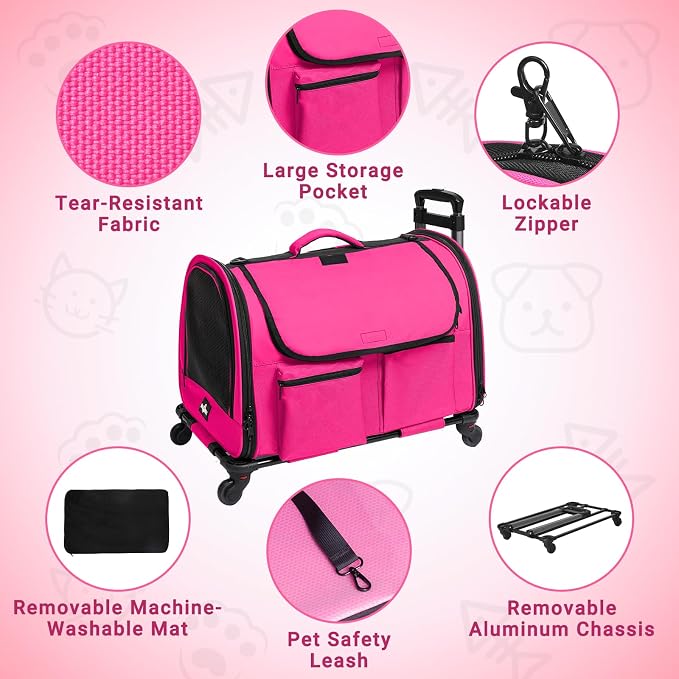 Large Pet Carrier with Wheels, Foldable Rolling Dog Carrier with Big Pocket, Cat Rolling Bag 21"x13"x13" for 2 Cats &Dogs, for Travel, Outdoor, Vet Visits, Camping, Indoor.Pink. (Not for Airline)