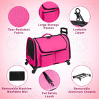 Large Pet Carrier with Wheels, Foldable Rolling Dog Carrier with Big Pocket, Cat Rolling Bag 21"x13"x13" for 2 Cats &Dogs, for Travel, Outdoor, Vet Visits, Camping, Indoor.Pink. (Not for Airline)