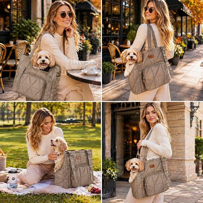 Dog Purse Carrier for Small Dogs, Dog Tote Bag Carrier, Puppy Purse, Camel | Hard Bottom Support, Safety Tether, Multiple Pockets, Luggage Strap, Fits Pets Up to 10 lbs, For Travel Shopping Daily Outing