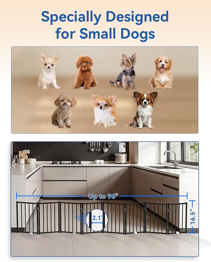 BFNN Small Dog Gate Indoor, Up to 96" W Freestanding Pet/Puppy Fence, Black | Flexible Space Control | Chewproof Steel Frame | 16.5" Step-Over Gate | Foldable | Drill-Free Setup | For Stairs & Doorways