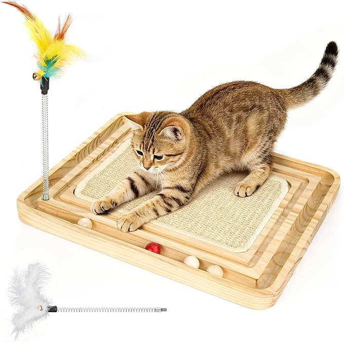 Cat Scratcher, Sisal Cat Scratcher Toy with Ball Track Spring Ball, Wooden Interactive Toy for Indoor Cats and Kittens Chasing Hunting Mental Physical Exercise Puzzle