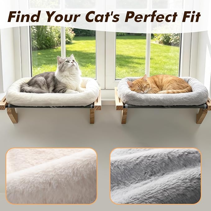 AMOSIJOY Cat Sill Window Perch Sturdy Hammock Window Seat with Cushion Bed Cover, Wood & Metal Frame for Large Cats, Easy to Adjust Cat Bed for Windowsill, Bedside, Drawer and Cabinet(Cushion Bed)