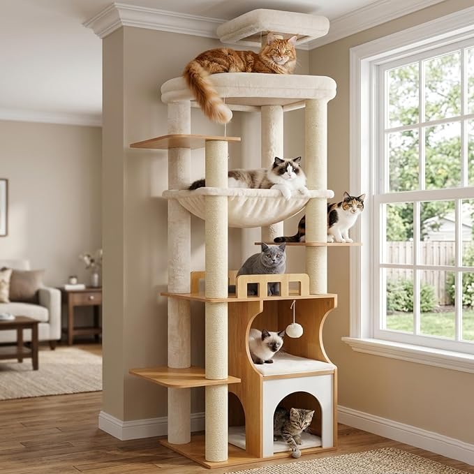 Gitelsnour Modern Cat Tree Tower, 2-Layer Condo & Perch, Big Hammock 102WB | 70.9''Wooden Cat Tower House Large Platform with Safe Guardrail for Indoor Cats Adult, All Sisal Scratching Post, Walnut