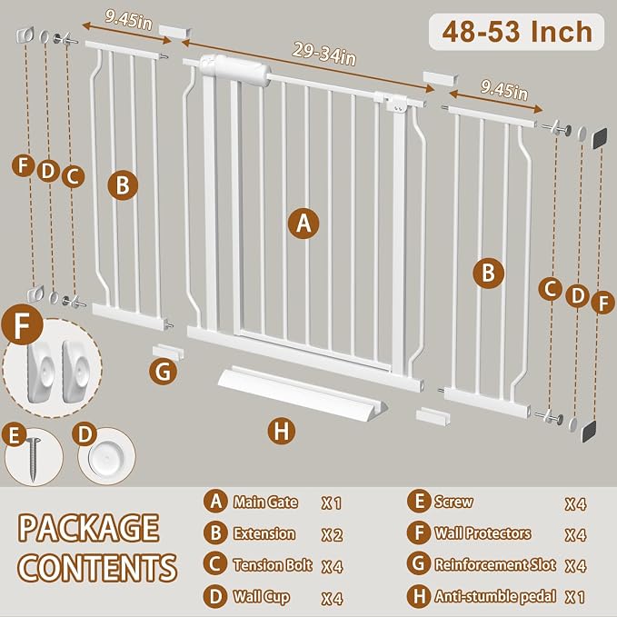 Fairy Baby 48-53 Inch Extra Wide Baby Gates Auto Close Child Safety Gates | Metal Banister for Stairs Doorways Hallway, Indoor Walk Through Pressure Mounted Pet Gates for Kids Pets, Double-Lock, White