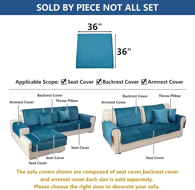 Eismodra Couch Cover,Sectional Couch Covers,Sofa Covers for 3 Cushion Couch,Anti-Slip Sofa Slipcovers for Dogs Cats Kids Loveseat Recliner L Shaped Armrest Backrest,Blue 36''x36''(Only 1 Piece)