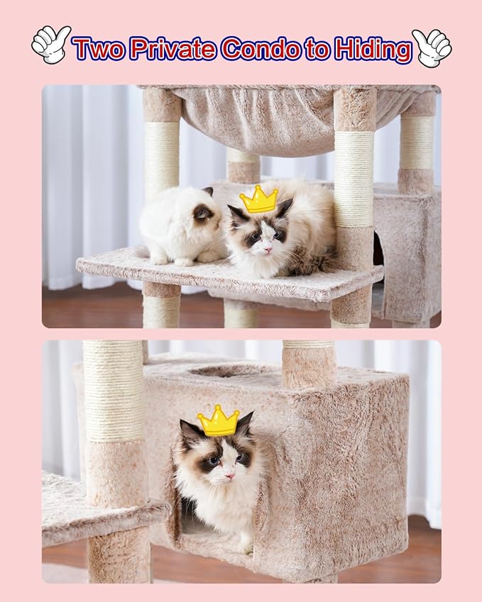 Gitelsnour Cat Tree, 74" Tower for Large Cats, Big Condo Hammock CCT030MU | Heavy duty, 3 Big Platforms, 2 Baskets, 2 Condos, Multi-Level Cat Scratching Posts, Indoor Cats Large Adult, Mushroom
