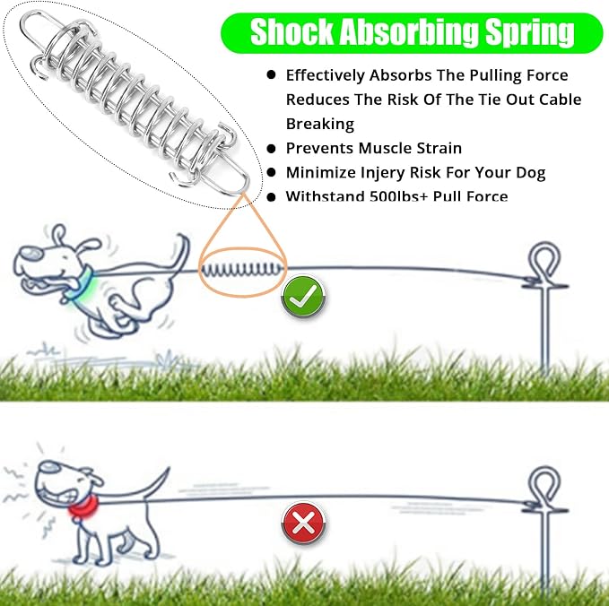 jenico Dog Tie Out Cable, 10/15/20/30/40/50/70/100/150FT Runner Cable with Swivel Hook and Shock Spring, Dog Leash Run Tether for Yard Outdoor and Camping,for Small to Medium Pets Up to 500 LBS