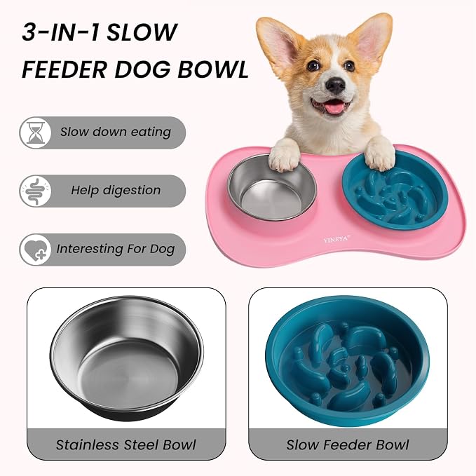 YINEYA 3 in 1 Slow Feeder Dog Bowls,Dog Water Bowl,Cat and Dog Food Bowl | Stainless Steel Dog Bowls with Non-Spill Dog Bowl Mat, Anti-Choking Puppy Bowls, Easy Clean for Large Medium Small Dogs Cats