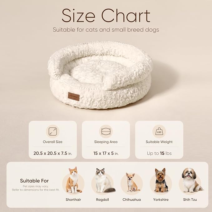 FUKUMARU Round Cat Bed, Plush Washable Calming Dog Bed with Low Entry | Raised Bolster Small Dog Bed, Soft Cozy Donut Cat Bed for Indoor Cats, Faux Rabbit Fur & Anti-Slip Bottom, 20 Inch, Cream