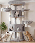 Cat Tree, 73-Inch Sturdy Corner Cat Tower for Large Cat VCT021W | Cat Furniture with Wide Top Perch, 2 Spacious Condos, 2 Cozy Baskets, 2 Scratching Boards & Interactive Toy, Light Gray