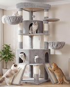 Cat Tree, 73-Inch Sturdy Corner Cat Tower for Large Cat VCT021W | Cat Furniture with Wide Top Perch, 2 Spacious Condos, 2 Cozy Baskets, 2 Scratching Boards & Interactive Toy, Light Gray