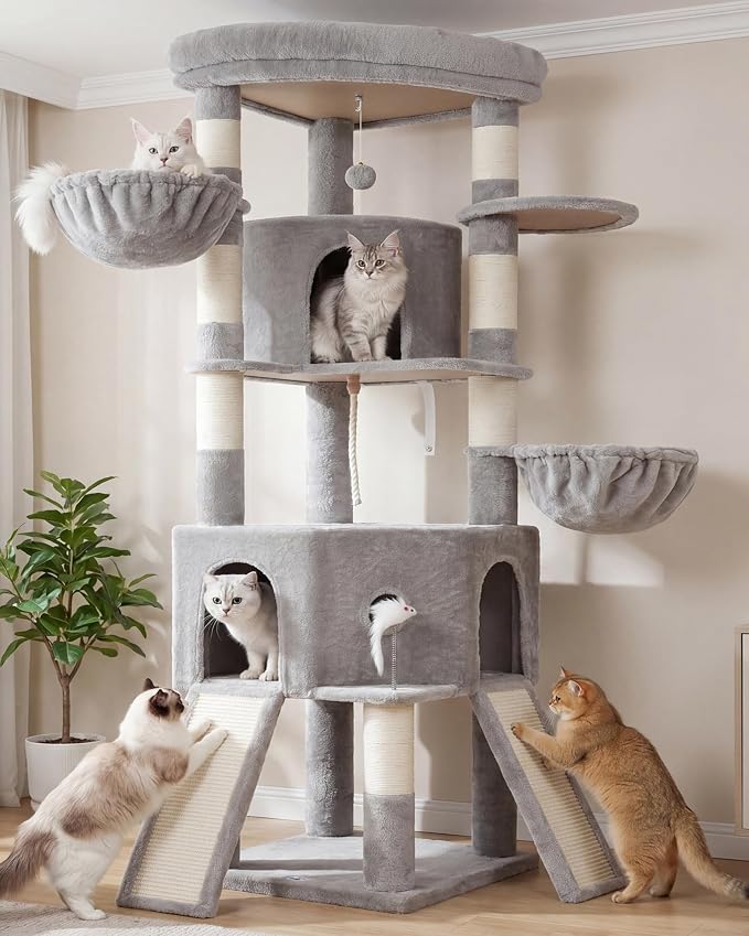 Cat Tree, 73-Inch Sturdy Corner Cat Tower for Large Cat VCT021W | Cat Furniture with Wide Top Perch, 2 Spacious Condos, 2 Cozy Baskets, 2 Scratching Boards & Interactive Toy, Light Gray