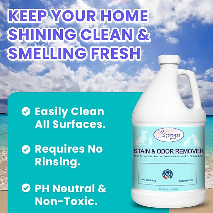 Pet Stain Odor eliminator - Super-concentrated Enzyme cleaner - Sky breeze plus - Extra Strong Odor and stain remover - Best Remover for Cat and Dog Pee All Purpose Cleaner and Deodorizer 1 gallon