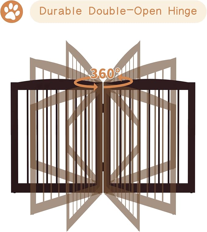 PUPETPO Freestanding Pet Gate for Dogs, Foldable Wooden Dog Gate for House, Indoor Pet Barrier for Stairs, Doorways, Support Feet Included, 24" Height 2 Panels, Brown