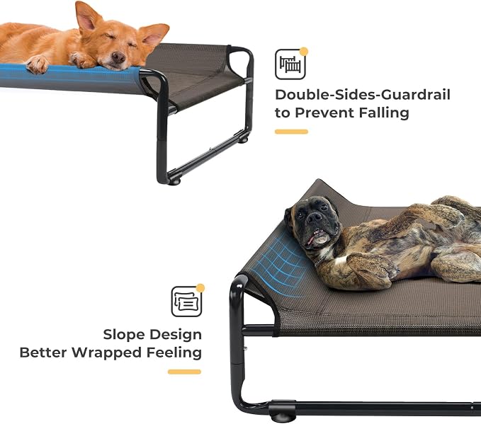 Veehoo Outdoor Elevated Dog Bed, Cooling Raised Dog Beds for Large Dogs | Washable Dog Cot with Headrest Sides, Non-Skid Feet, Breathable Mesh, Cooling Pet Hammock for Indoor or Camping, 42", Brown