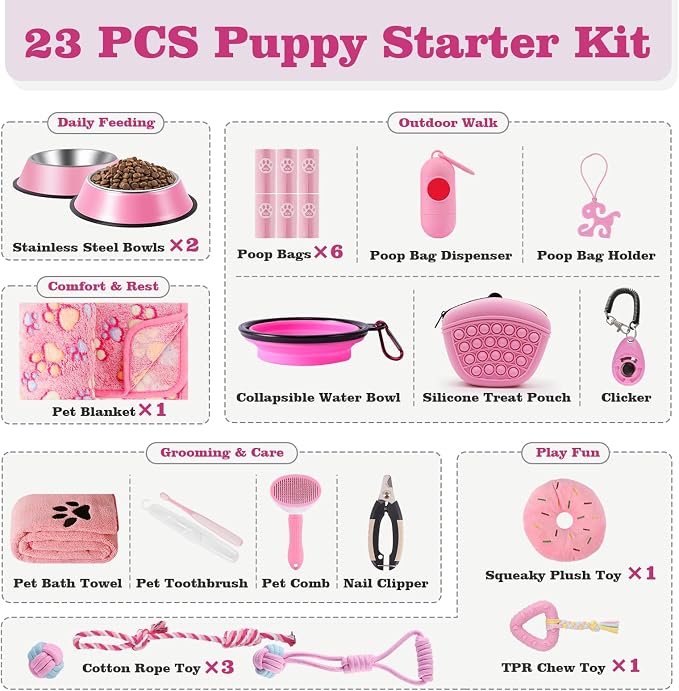 Puppy Supplies Starter Kit, Pink Puppy Essentials for Small Dogs | Bowls, toys, toothbrush, treat pouch and more in one pink puppy kit; ideal welcome home gift for small dogs and new puppies