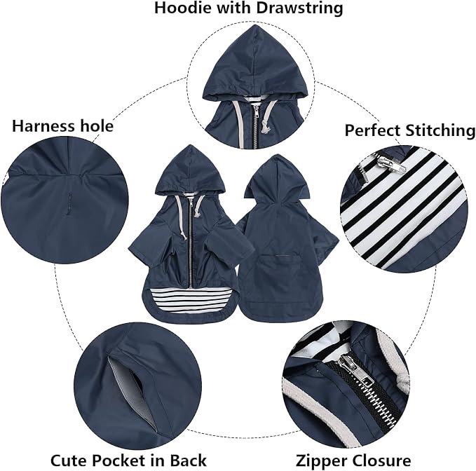 Dog Raincoat rain Jacket Raincoat Dogs Waterproof Small Medium Breeds Zip Closure Storage Pocket Harness Hole Blue XS