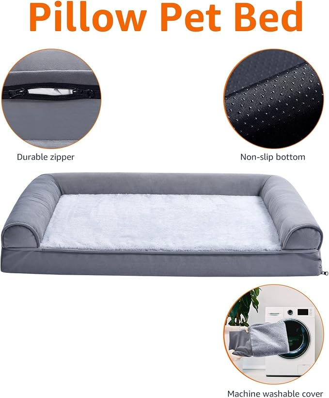 Amazon Basics Living Room Couch Dog Bed with Premium Foam, Non-Slip Bottom, Removable Washable Cover, Pressure-Relief Support for Dogs up to 55lbs, Large (36" x 27"), Grey
