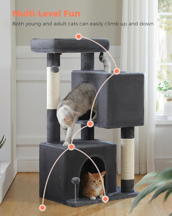 XL Cat Tree 44" Cat Tower for Large Cats 20 lbs, 2 Spacious Caves | Multi-Level Cat Tree with Scratching Posts, Soft Padded Perch, 2 Dangling Toys
