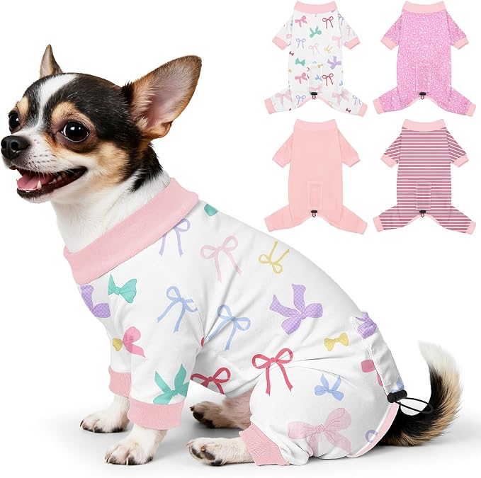 Bienbee Dog Pajamas, 4 Pack Adjustable Onesies for Small to Large Dogs XS | Dog Shedding Suit with Soft Fabric, Breathable & Stretchy, and Adjustable Back Length for Sleeping Lounging and Daily Use