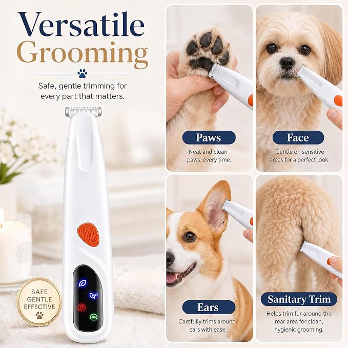 Dog & Cat Paw Trimmer with LED Light, Ultra Quiet Micro Precision Trimmer | 2 Mode Electric Quiet Rechargeable Clipper with LED Light & 2 Wide Blades (0.8"), Waterproof for Paws, Ears, Face, Rump