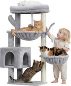 Heybly Cat Tree, 40" Tower with All-Sisal Wrapped Scratching Post HCT006SW | Cat Tower for Indoor Cats, Cat Condo with Soft Platform, 2 Baskets and Dangling Toy, Light Gray