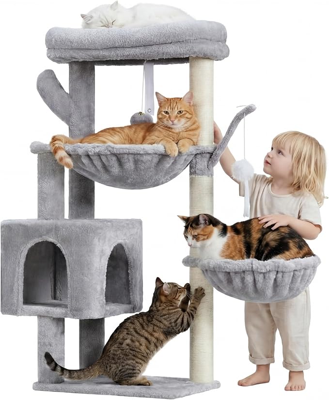 Heybly Cat Tree, 40" Tower with All-Sisal Wrapped Scratching Post HCT006SW | Cat Tower for Indoor Cats, Cat Condo with Soft Platform, 2 Baskets and Dangling Toy, Light Gray