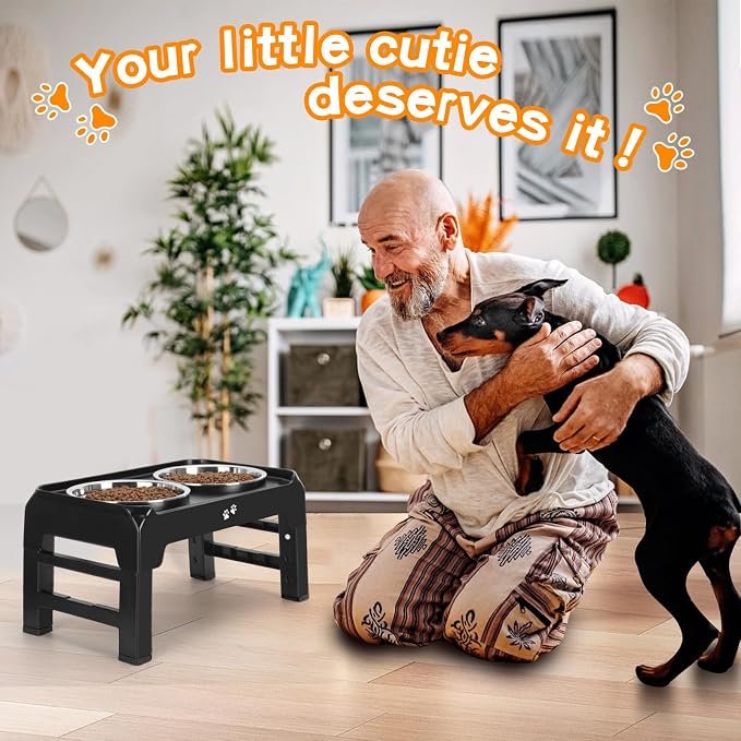 COMESOON Elevated Dog Bowls, 4 Height Adjustable Raised Bowl Stand with 2 Thick 50oz Stainless Steel Food Bowls Non-Slip Feeder Adjusts to 3.7'', 9.2'', 10.75'', 12.36'' Black, (DB-W01)