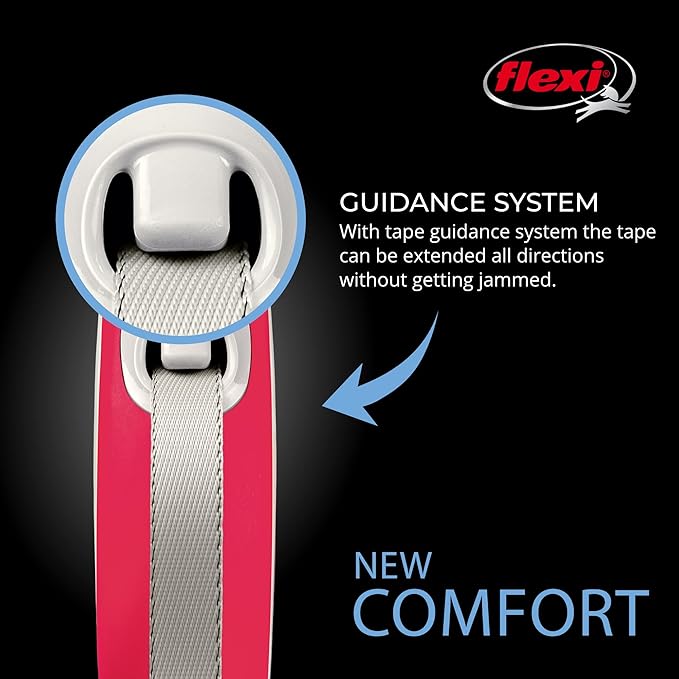 FLEXI New Comfort Tape Retractable Dog Leashes for Large Dogs Upto 110 lbs. – 26 ft., Red/Pastel | Tangle Free Pet Walking Leash with One-Handed Brake, Pause, Lock|German Quality Product