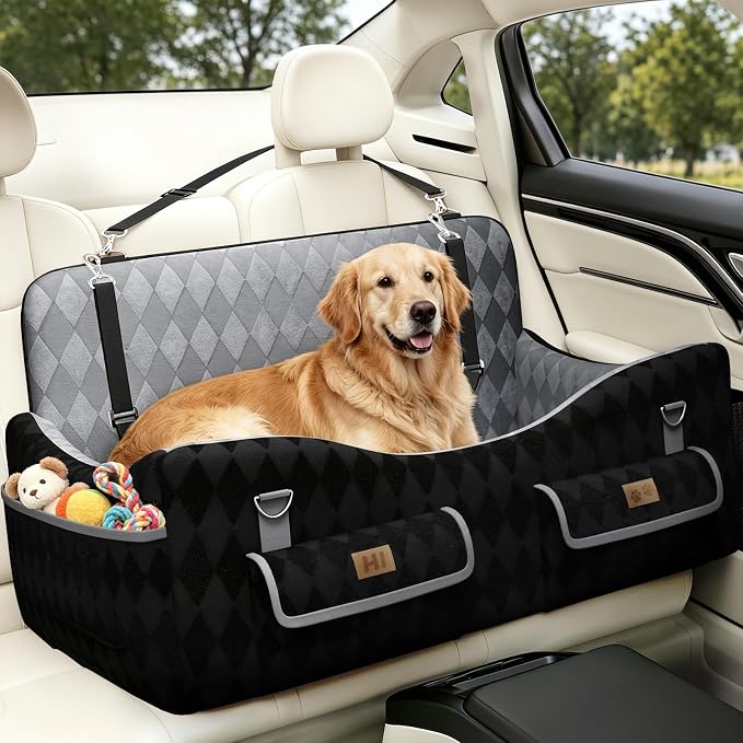 Dog Car Seat for Medium & Large Dogs Up to 55 lbs, Pet Booster Seat with 4 Storage Pockets, Travel Dog Car Bed with Memory Foam Cushion, Reversible Cover, Non-Slip Base for SUV Back Seat