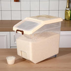 4 Pcs Rice Storage Containers Bulk Flour Sugar Container Wheels Measuring Cups Set Airtight Pet Dog Cat Birds Food Bin Grain Cereal Organizer Box for Dry Baking (Beige,38 lb)