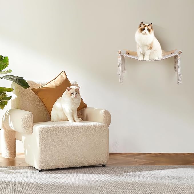 Macrame Cat Wall Shelves & Hammock - Comfy Cat Beds with Window Perch for Indoor Cats, Sleeping & Climbing, Cotton Rope, Natural Wood, Maximum Hold up to 30lb, Beige White
