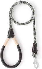 Mile High Life Dog Leash with Genuine Leather Handle, 4/5/6 FT | Comfortable Leather Grip Rope Leash, Heavy Duty 360° Swivel Metal Clasp, for Small Medium & Large Dogs (Khaki White, 60 Inch)