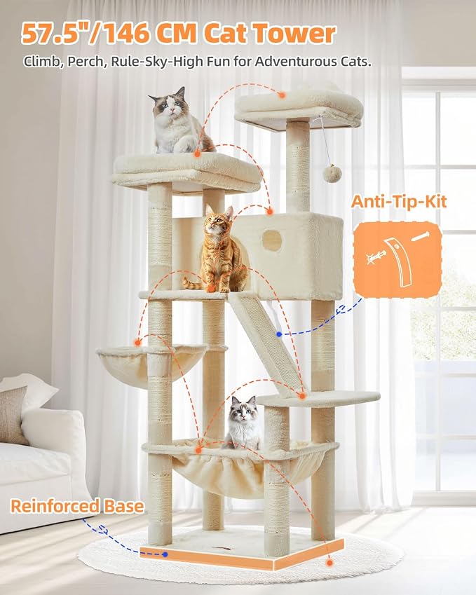 Taoqimiao Sturdy Cat Tree, 58In Cat Tower for Indoor Cats Large Adult | Spacious Cat Condo, 2 Cute Perches, Metal Frame Cozy Hammock, 1 Scratch Board, 8 Natural Sisal Posts, Basket, Beige, MS026M