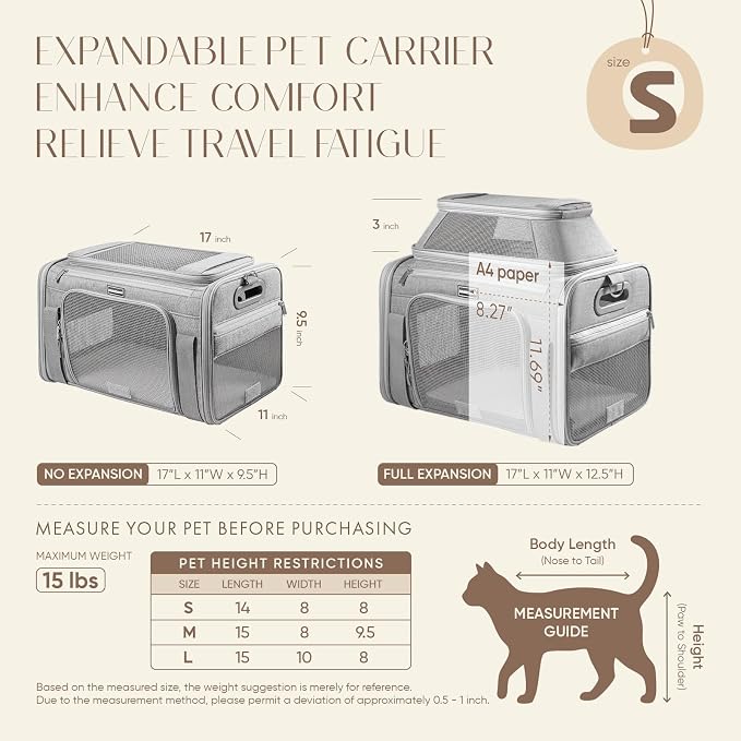Top-Expandable Pet Carrier with Treat & Pet Window,17x11x9.5 Inch Alaska Hawaiian Airline Approved,Soft-Sided Dog Carrier for Small Dogs and Cats,Travel Cat Carrier with Locking Safety Zippers,Grey