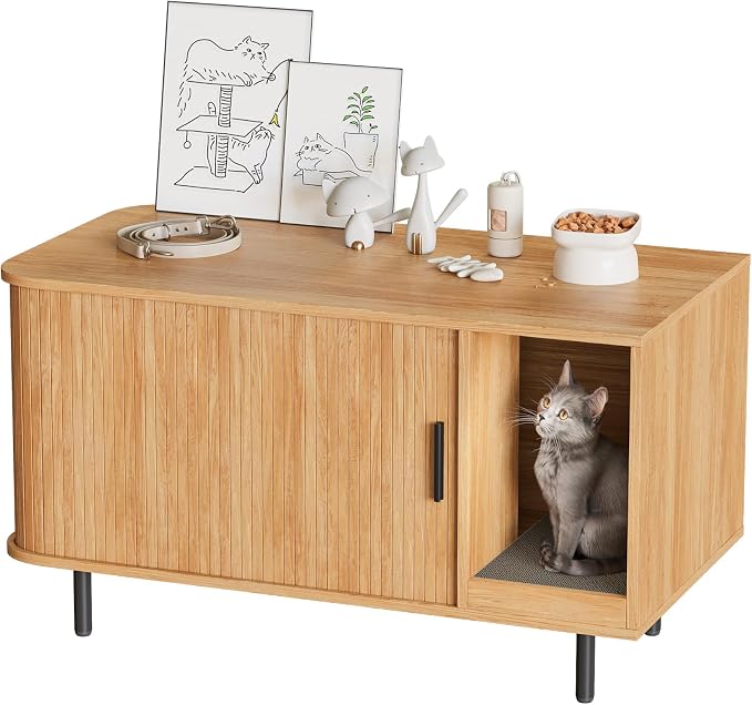 Halitaa 37.4" Cat Litter Box Enclosure with Scratch Pad, Sliding Door | Litter Box Enclosure Furniture Hidden Litter Box, Modern Indoor Cat House, TV Stand, Side End Table for Living Room, Natural