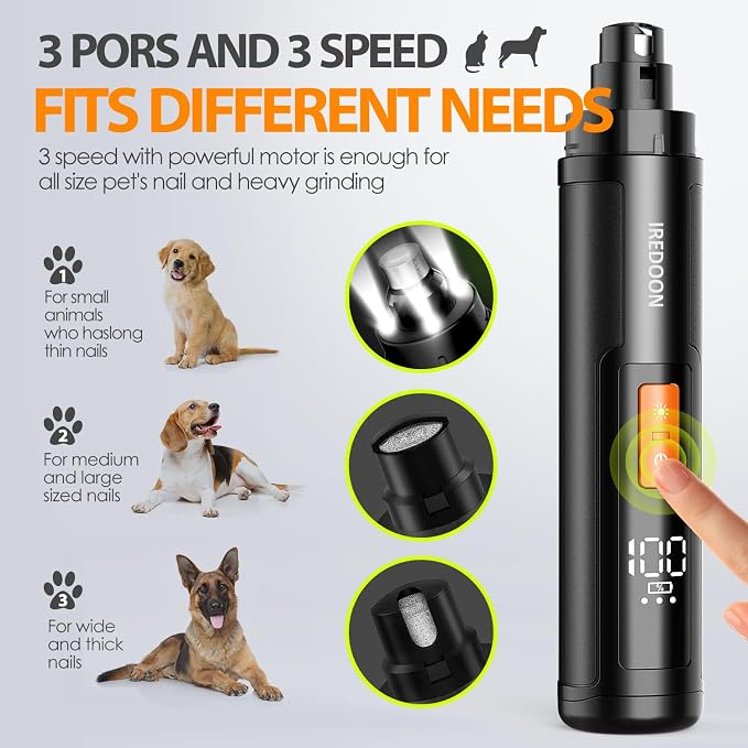 Dog Nail Grinder with 4 LED Lights, 3 Speeds Super Quiet for Pets | Low Vibration,Electric Pet Nail Grinder, Professional Painless Paw Grooming & Smoothing for Small to Large Dogs Cats(Black)