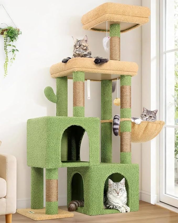 Globlazer 52in Cactus Cat Tree Tower for Indoor Cats, 2 Condos, S52, Green | Multi-Level Plush House, 5 Sisal Scratching Posts, 2 Padded Top Perches, Big Metal Basket, Stable Enlarged Base