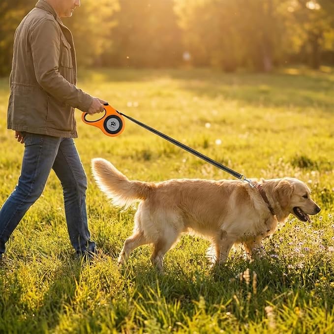 16 ft Retractable Dog Leash for Extra Large Dogs up to 130 lbs,Tangle-Free Nylon Tape,Orange Dan24 XL