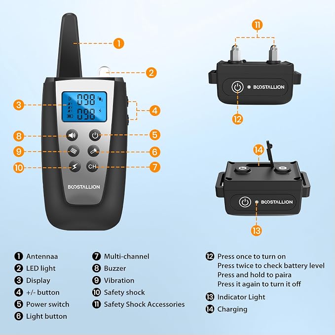 BOOSTALLION 3 - Dog Shock Collar with Remote Control | 3300FT Distance, IPX7 Waterproof, Beep, Vibration (1–100), Safe Shock (1–100), Shock Collar for Dogs for S, M, L (10–120 Lbs）
