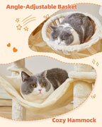 Taoqimiao Cat Tree, 66.2 in Tall Cat Tower with 2 Plush Cat Condos | 7 Scratching Posts, 2 Top Perches, Cozy Hammock & Basket, Indoor Cats, 2 Pompoms & Mouse Toy, Beige, MS013M