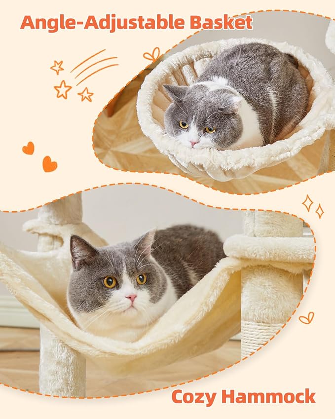 Taoqimiao Cat Tree, 66.2 in Tall Cat Tower with 2 Plush Cat Condos | 7 Scratching Posts, 2 Top Perches, Cozy Hammock & Basket, Indoor Cats, 2 Pompoms & Mouse Toy, Beige, MS013M