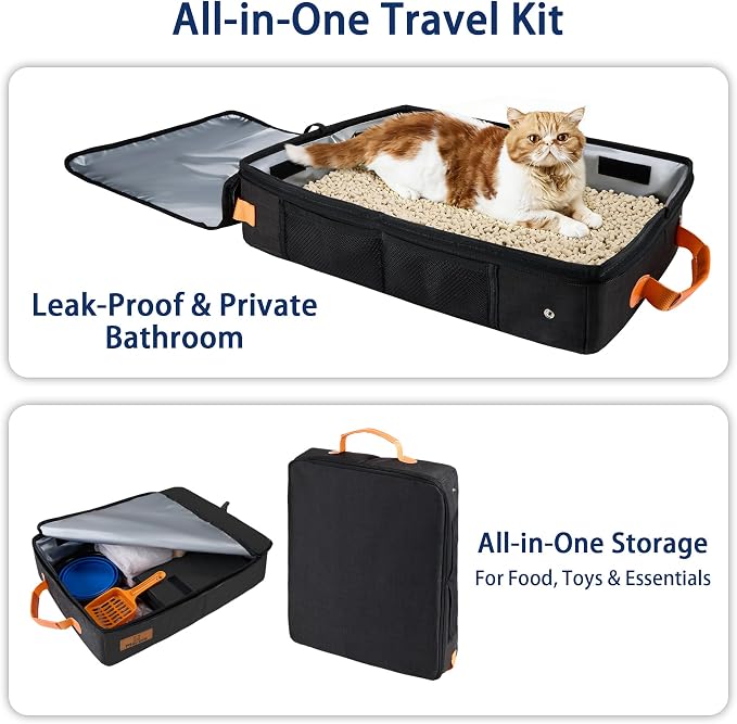 MORAIS Portable Travel Litter Box for Cats, 17.7"×13.5"×11" Collapsible Cat Litter Box with Lid, Leak-Proof Cat Litter Pan for Car Hotel Airplane, Waterproof & Easy to Carry- Black
