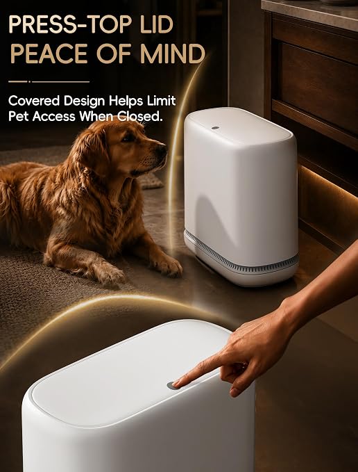 Small Bathroom Trash Can with Lid, Dog Proof Slim Press Top Garbage Can, White Plastic Narrow Waste Basket, for Bathroom Bedroom Office 2 Pack Set with 4.8 Gal and 2.9 Gal