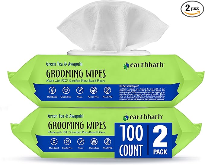 earthbath Green Tea & Awapuhi Grooming Wipes, 100 Count (2 Pack) | Dog Wipes for Paws and Butt, Made in USA